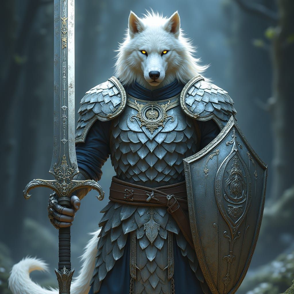 Proud Dragon-Scale Armored White Werewolf with Ethereal Glow
