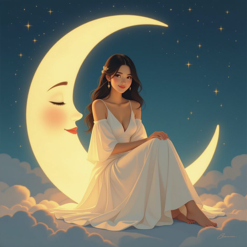 Woman in Smiling Moon: Hyperrealistic Oil Painting