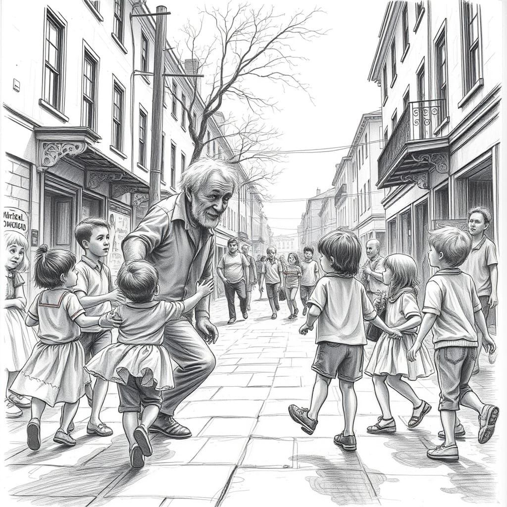 Whimsical Old Man Dancing with Children in a Pencil Illustra...