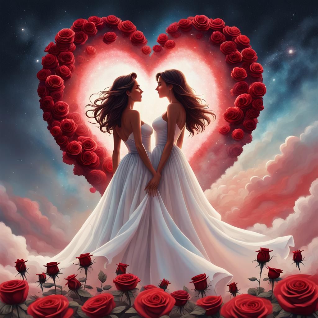 Romantic Couple with Red Roses in Universe