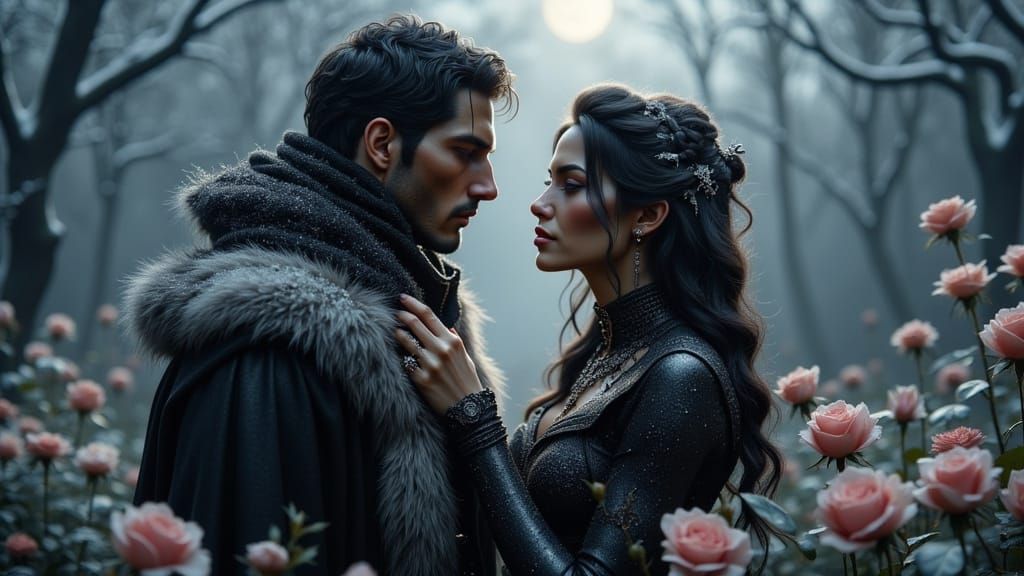 A stolen kiss in rhe frozen garden.