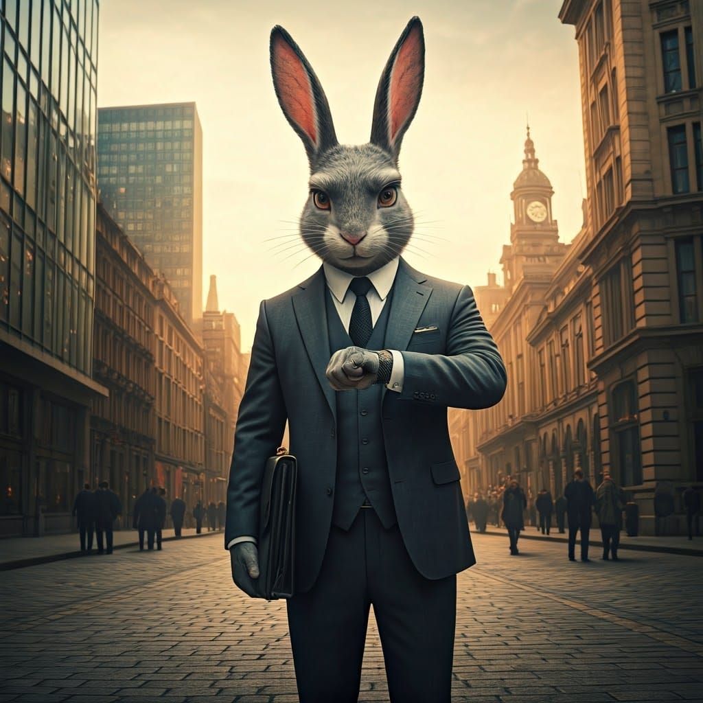 Confident Bunny in City Square, Charcoal Grey Suit, Briefcas...