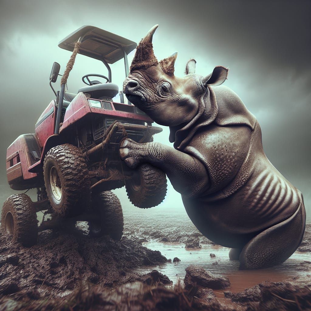 Rhinoceros Rescues Lawn Tractor: Hyperrealistic 64MP Image