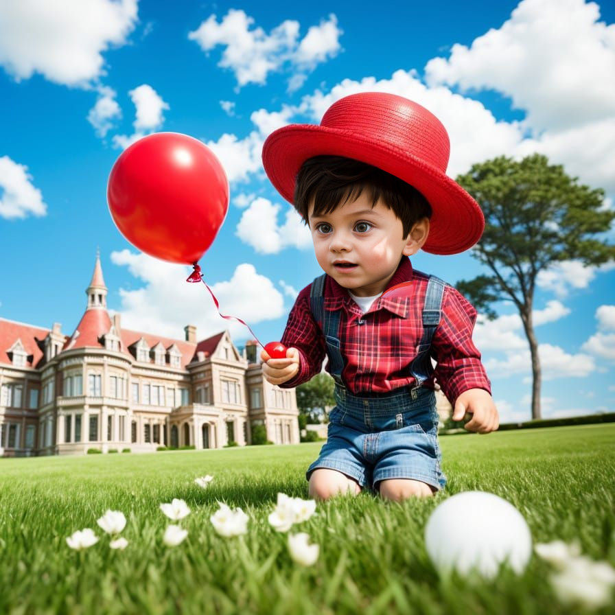 Hyperrealistic Boy in Front of Grand Estate, Holding Red Bal...