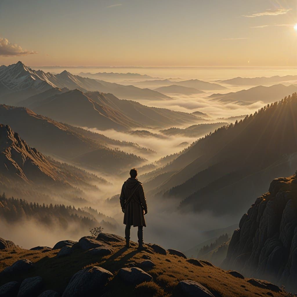 Mountain Sunrise: Lone Figure in a Foggy Valley