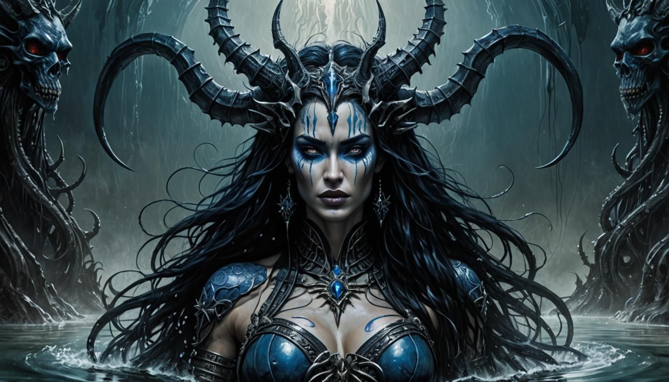 A woman with horns stands in the water, heavy metal art styl...