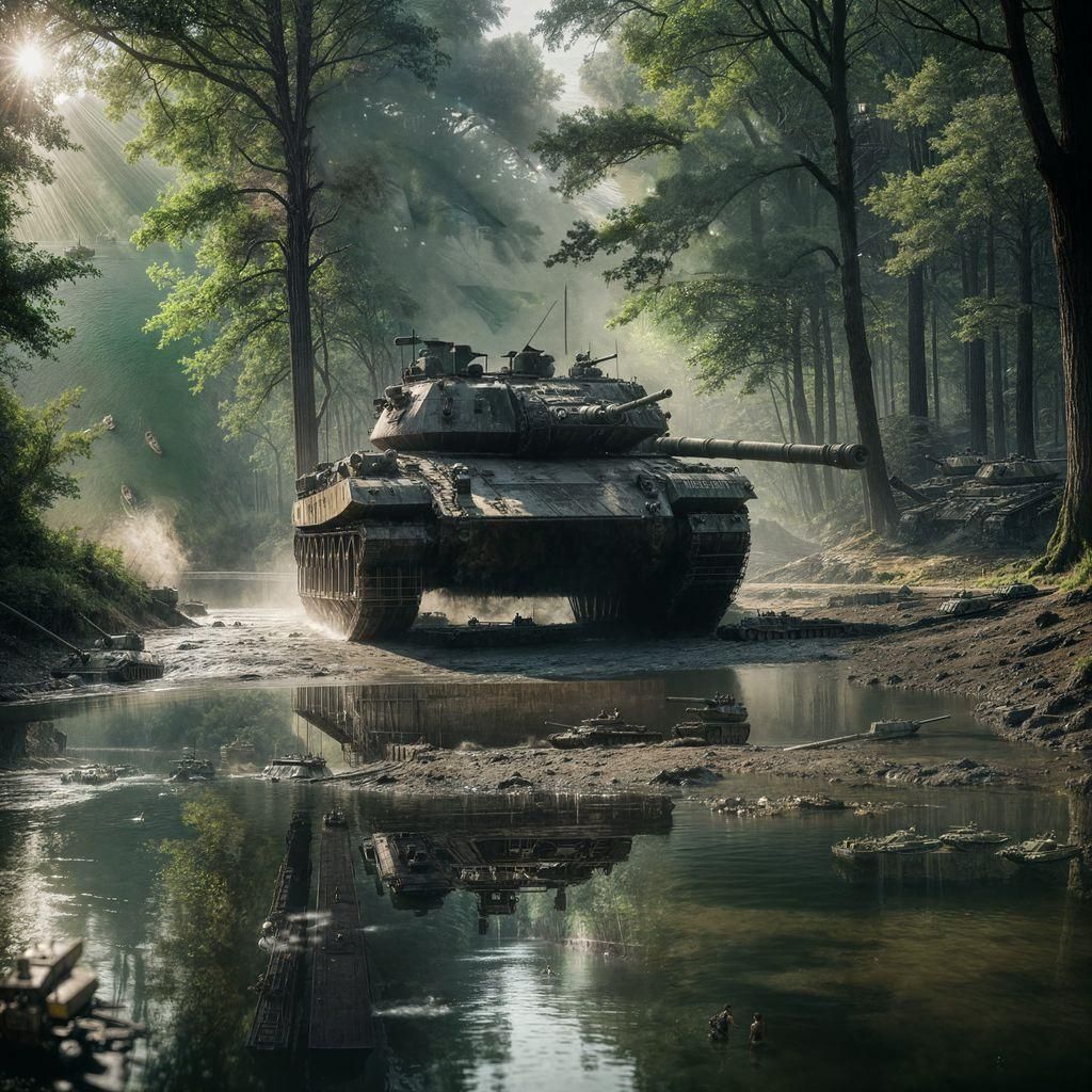 Tanks Entering Murky Water: Cinematic Film Still