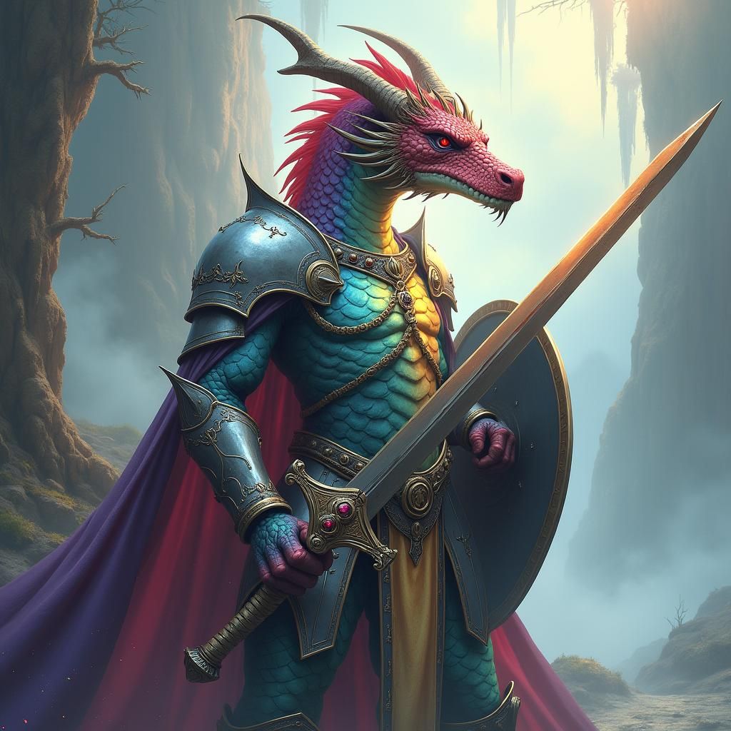 Rainbow Dragonborn Paladin in Mystical Realm