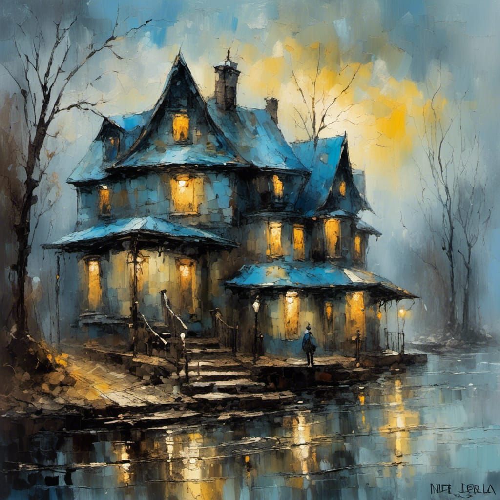 Rainy Day House in Expressive Rustic Oil Painting