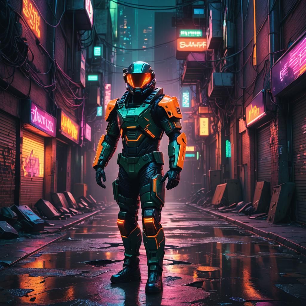 Futuristic Soldier in Neon-Lit Cyberpunk Alleyway