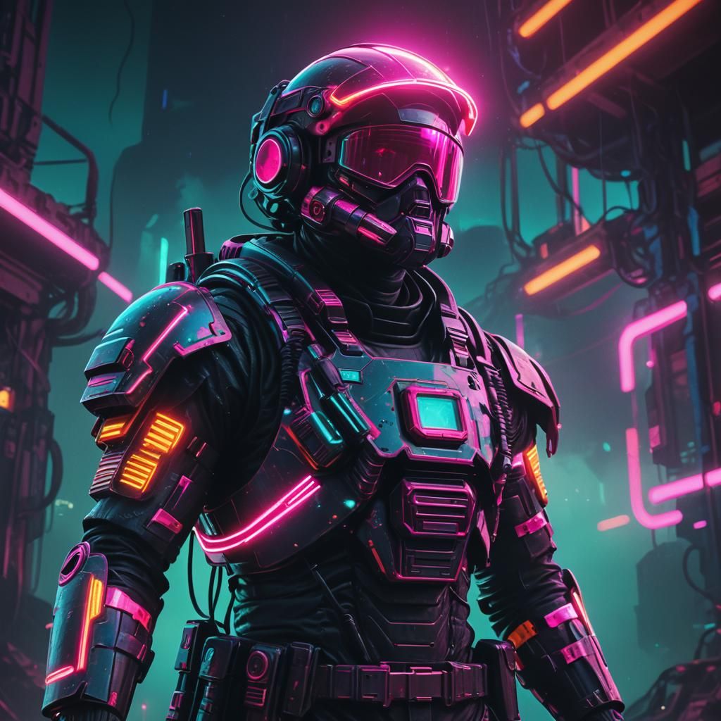 Futuristic Soldier in Neon Synthwave Sci-Fi Ruins