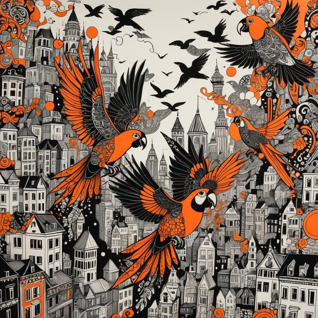 Nice  Parrots flying above the city