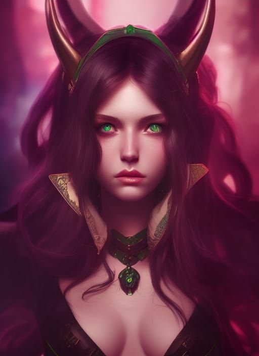 Green Eyed Daemon Girl Portrait in Art Nouveau Style