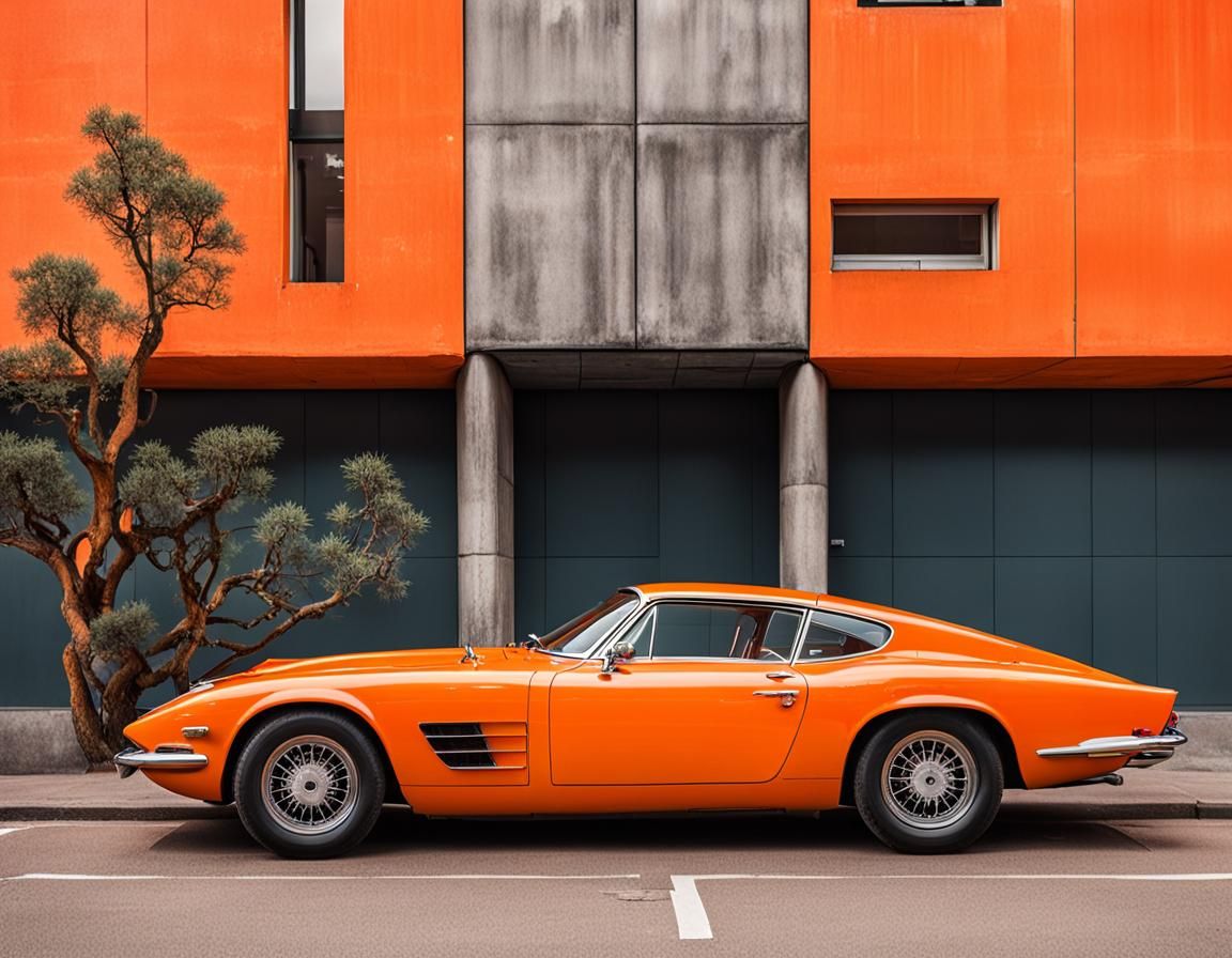 Exotic Orange Sportscar Beside Brutalist Building