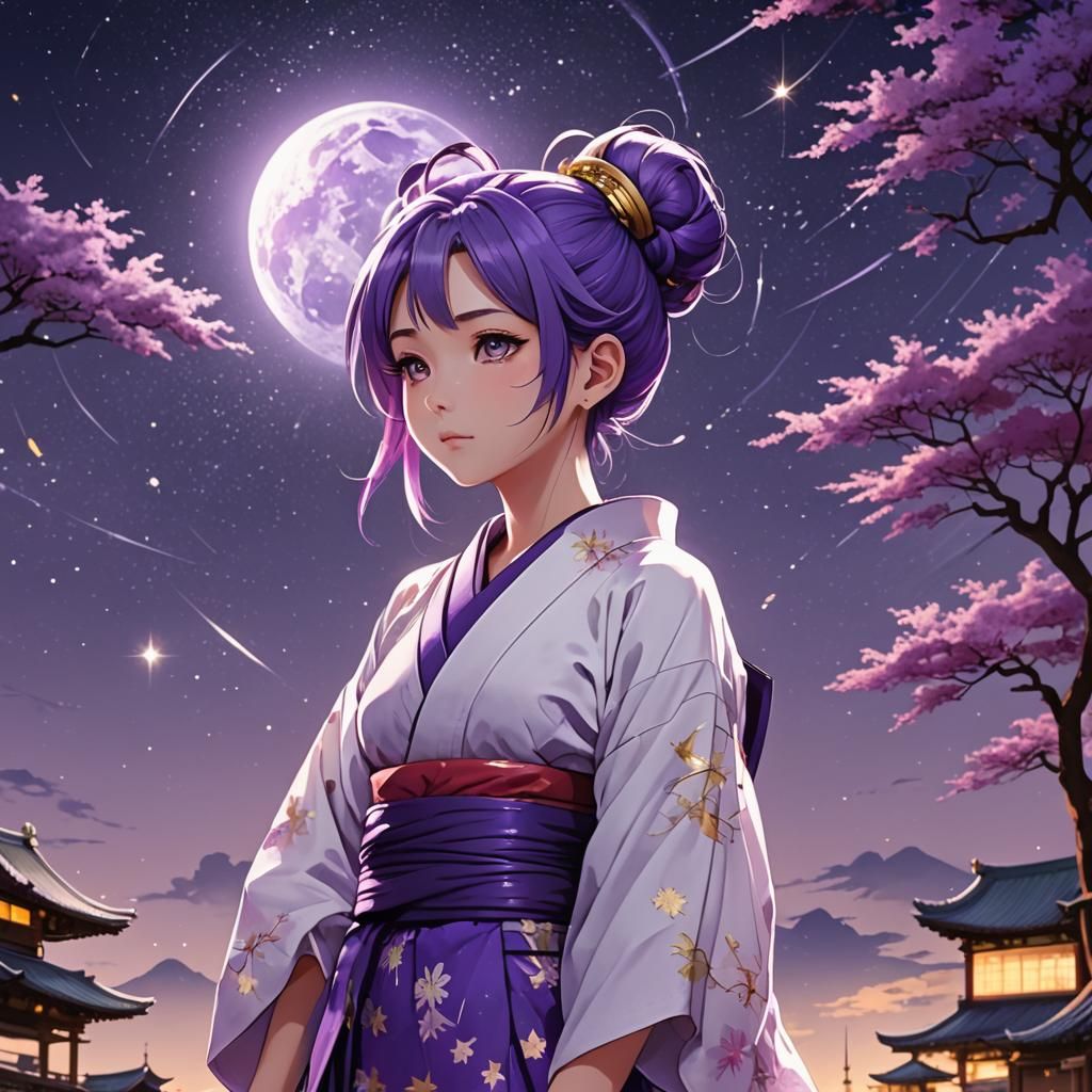 Anime Girl with Purple Kimono Stargazing