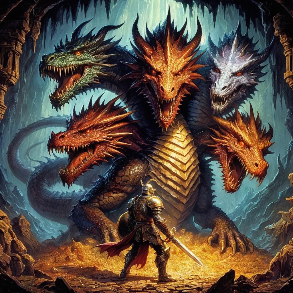 Five-Headed Dragon in Gold Lair: Classic Fantasy Art