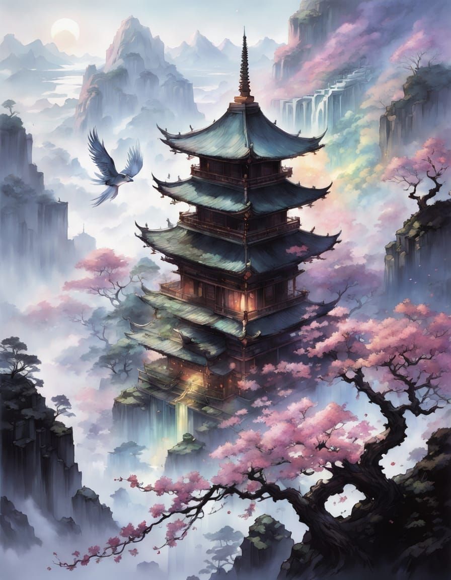 Dreamlike Pagoda Landscape in Asian Fantasy Art Style