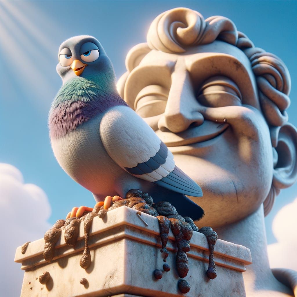 Smug Pigeon on Statue in Early Animation Style