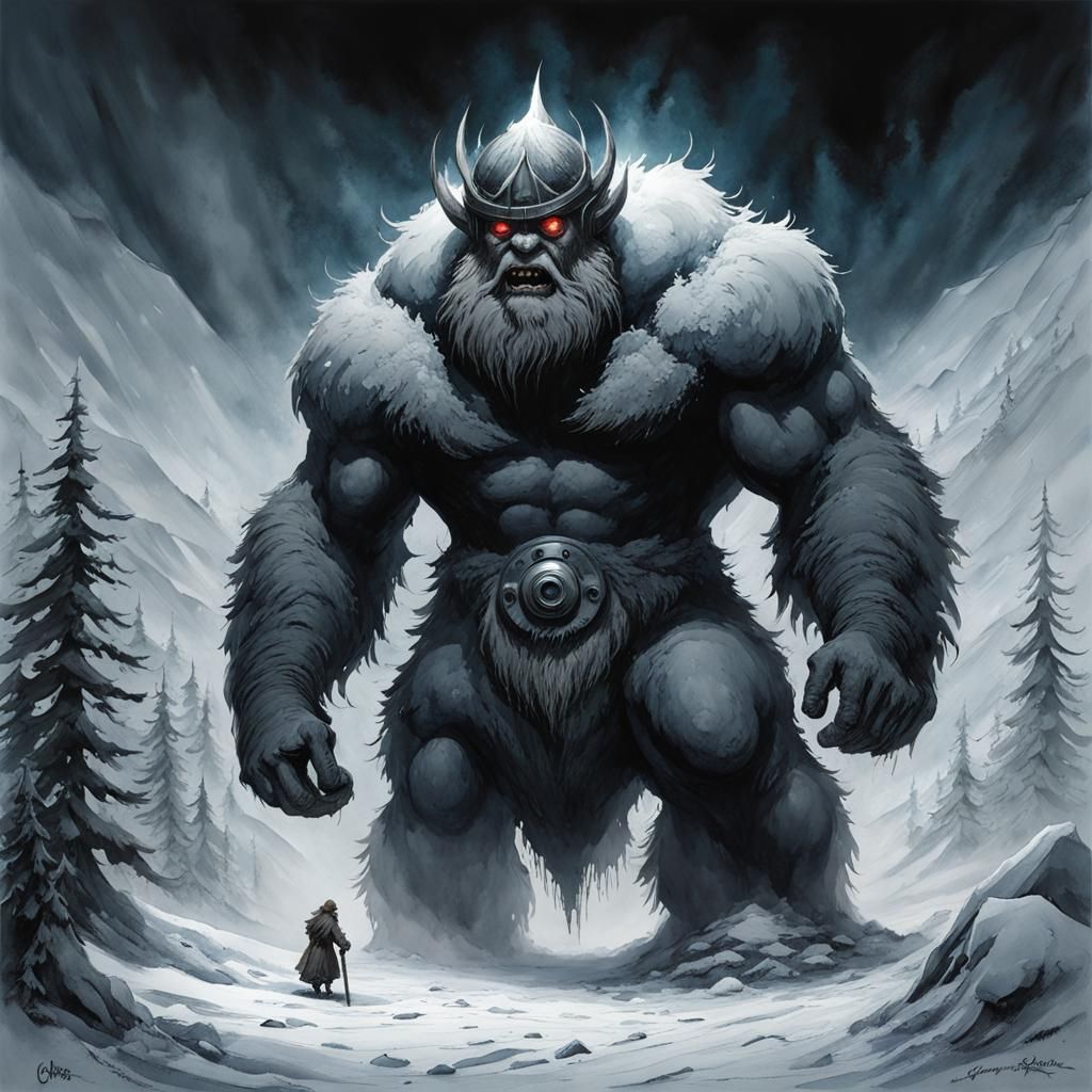 Monochrome Cyclops in Frozen Tundra, Watercolor Art