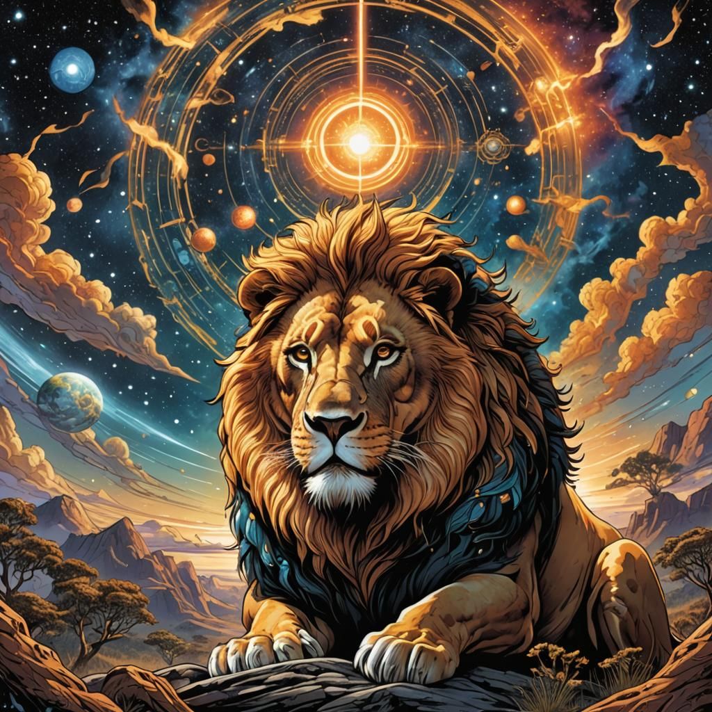 Dreaming Lion's Cosmic Awakening in Comic Book Style