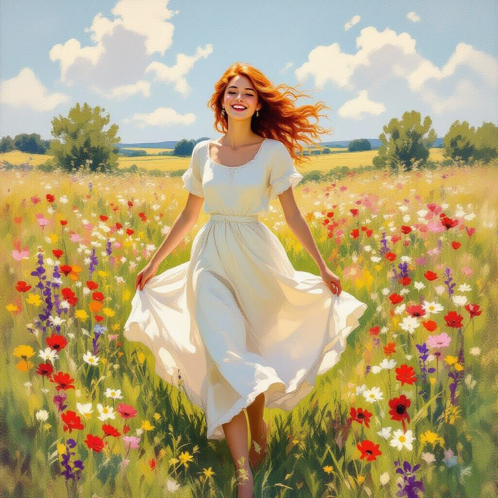 Woman Dancing in Sunlit Meadow as Impressionist Art