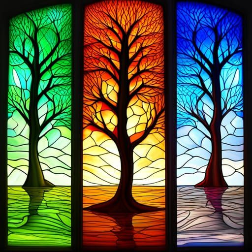 Tree Through the Seasons in Stained Glass Style