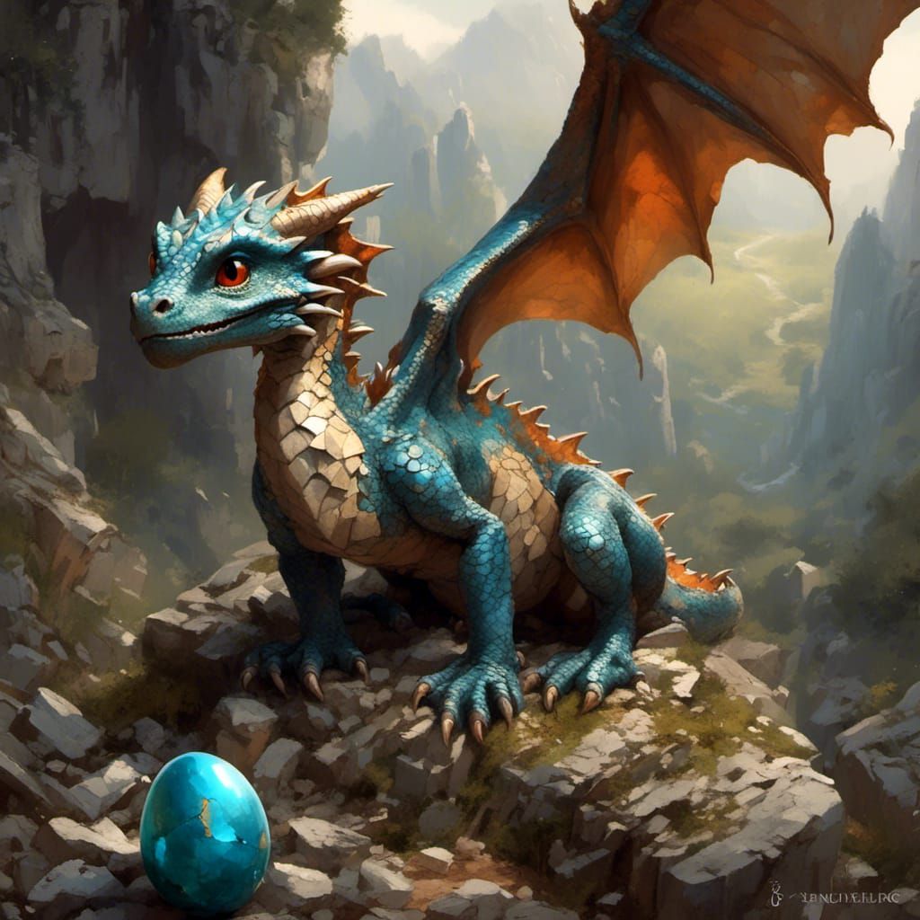 Adorable Baby Dragon Hatching in Rocky Landscape