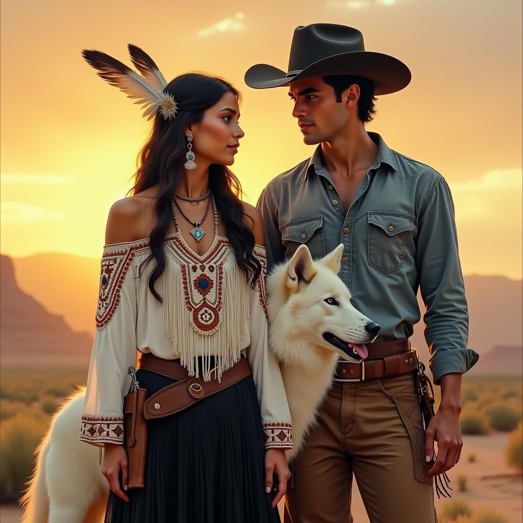 Native American Woman, Cowboy, and Wolf at Sunset
