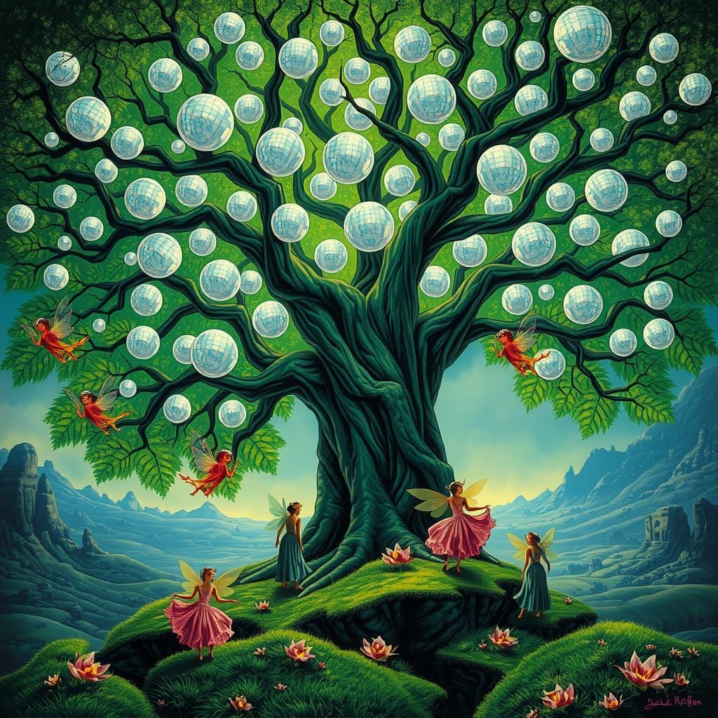 Ethereal Tree in Cyberpunk Landscape