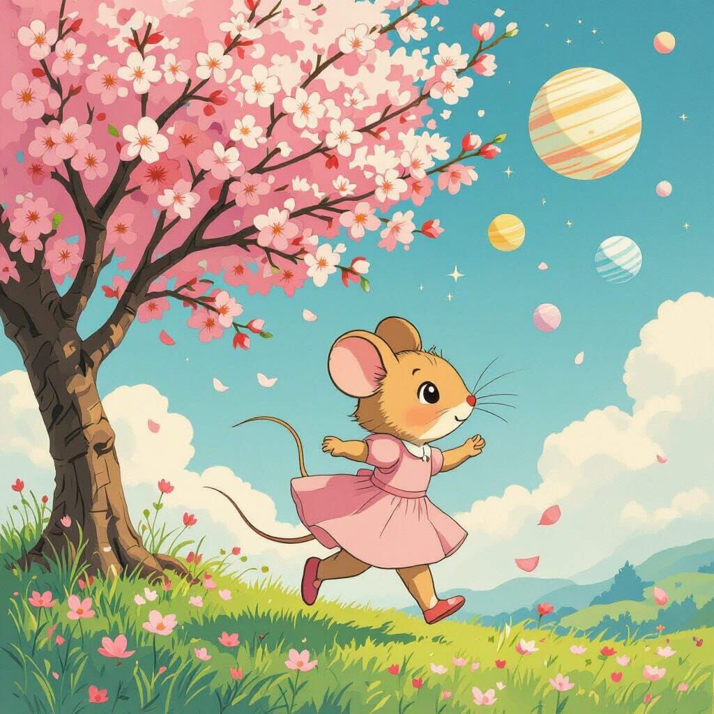 Mouse in Cherry Tree, Miyazaki Style