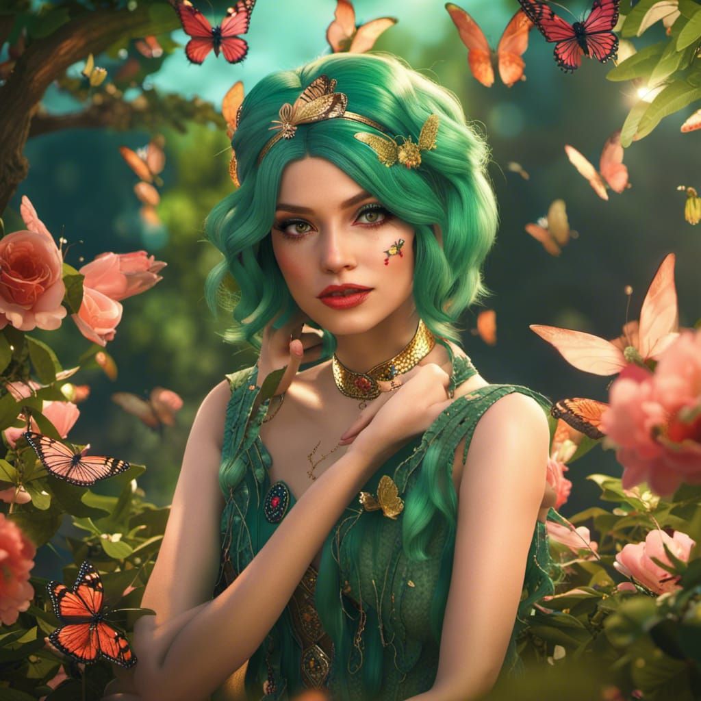 Green-Haired Fairy Woman in 3D Cinematic Style