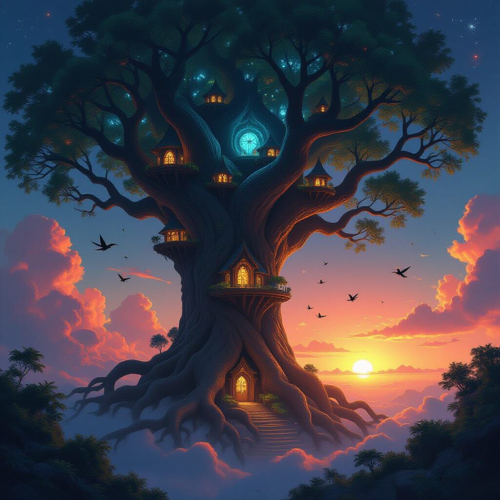 Nebula Tree Civilization at Binary Sunset