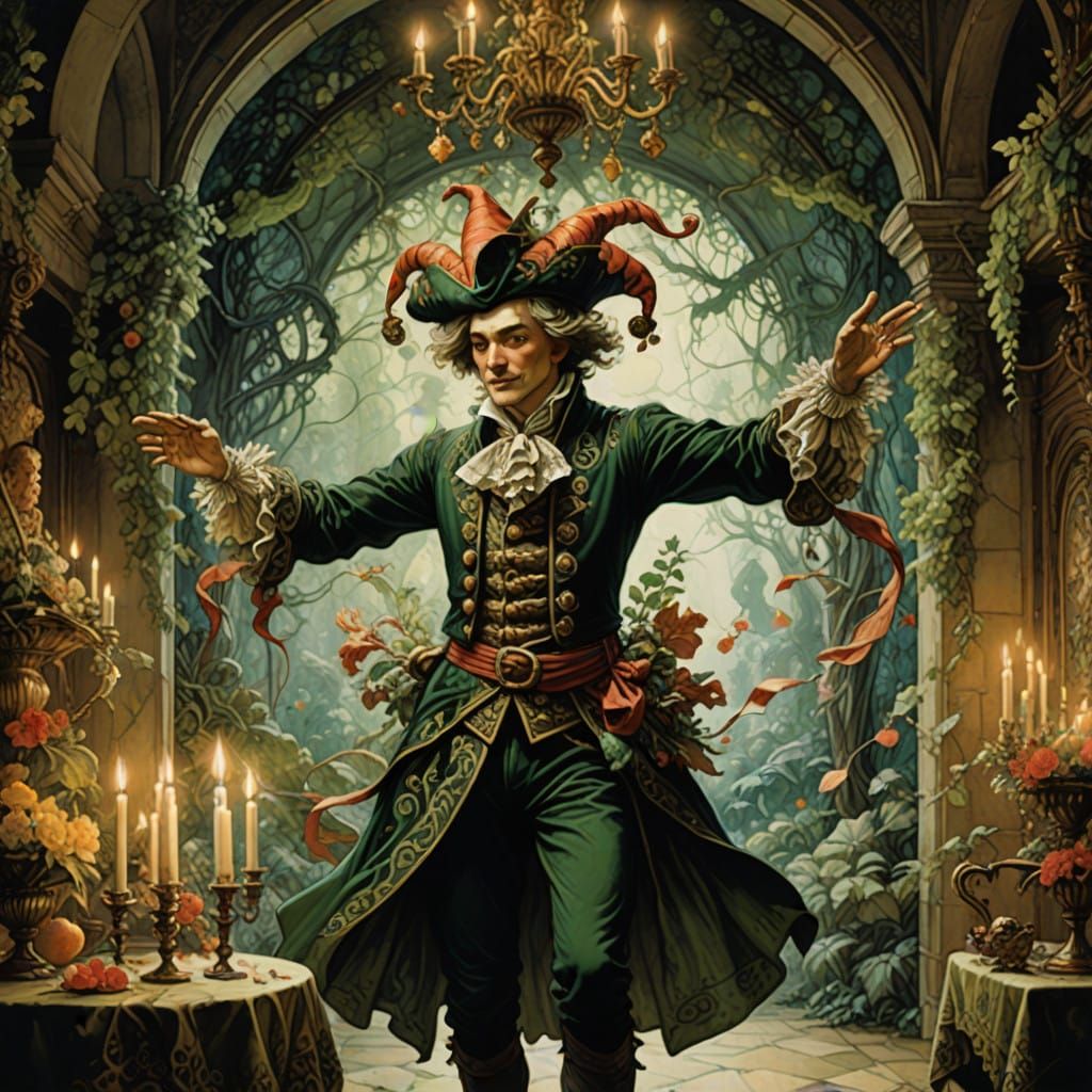 Whimsical Jester Performs Acrobatics in Fantastical Feast