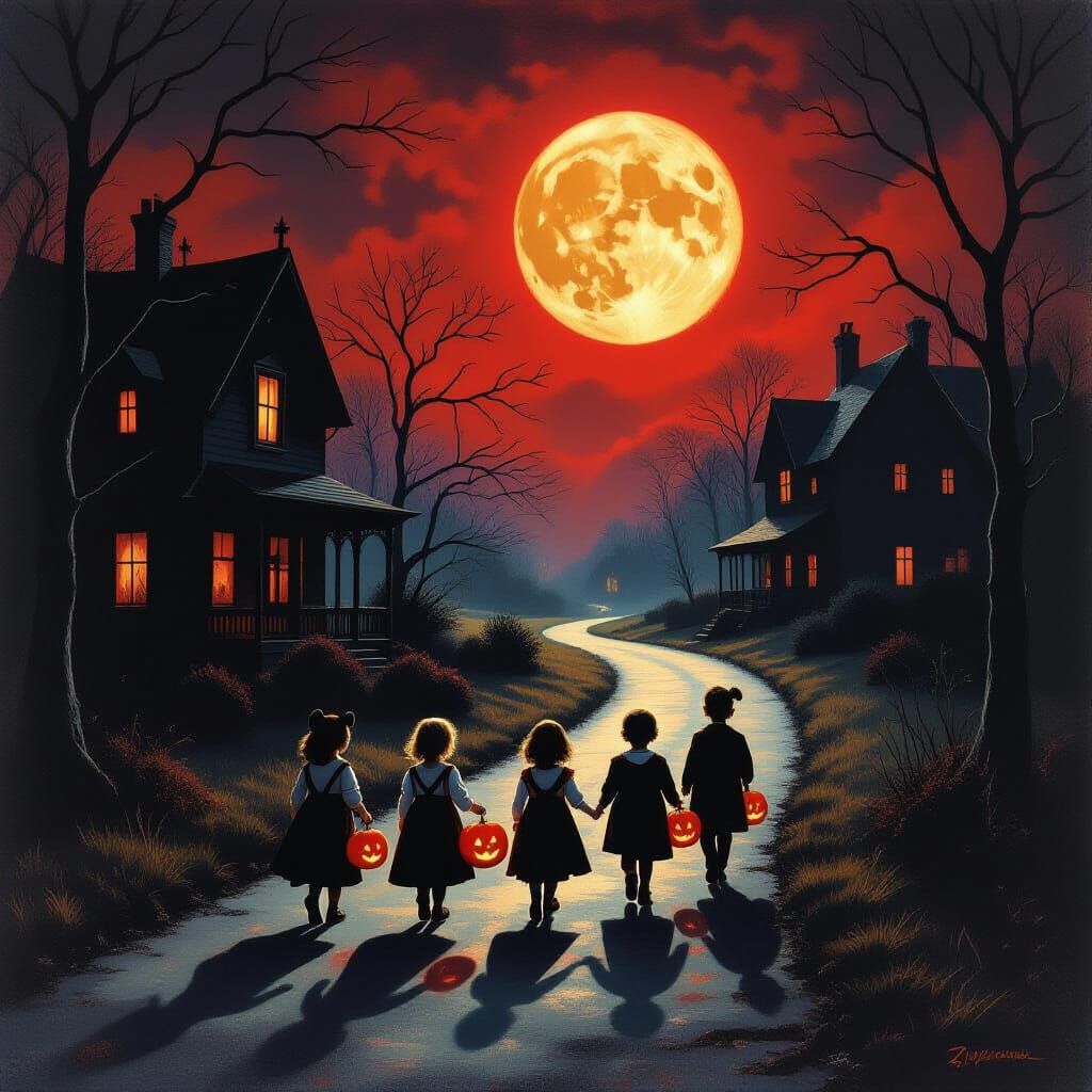 Children Walk Under Crimson Moon With Glowing Pumpkins