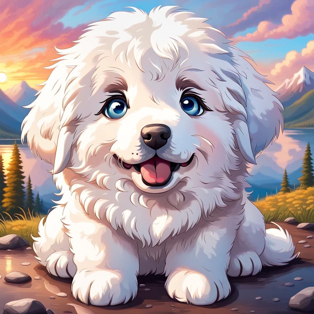 Adorable Chibi Great Pyrenees Puppy at Sunrise