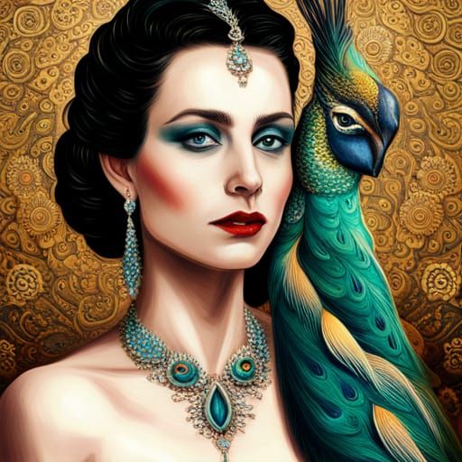 Peacock Queen Portrait with Fractal Flowers in Pixel Art