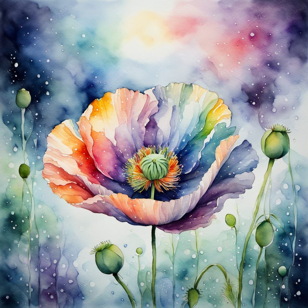 Ethereal Moonlight Poppy Watercolor Painting