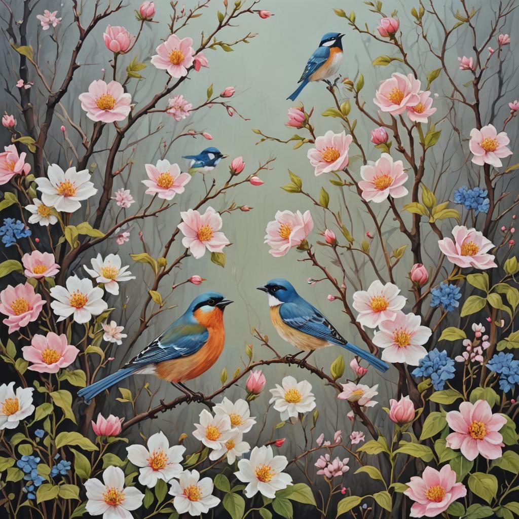 Spring Garden Gouache Painting