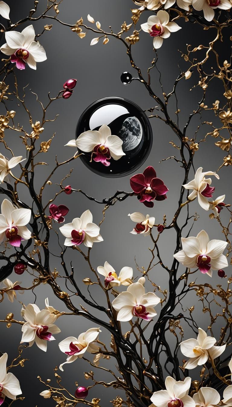Reflective Porcelain Art with Moon and Orchids