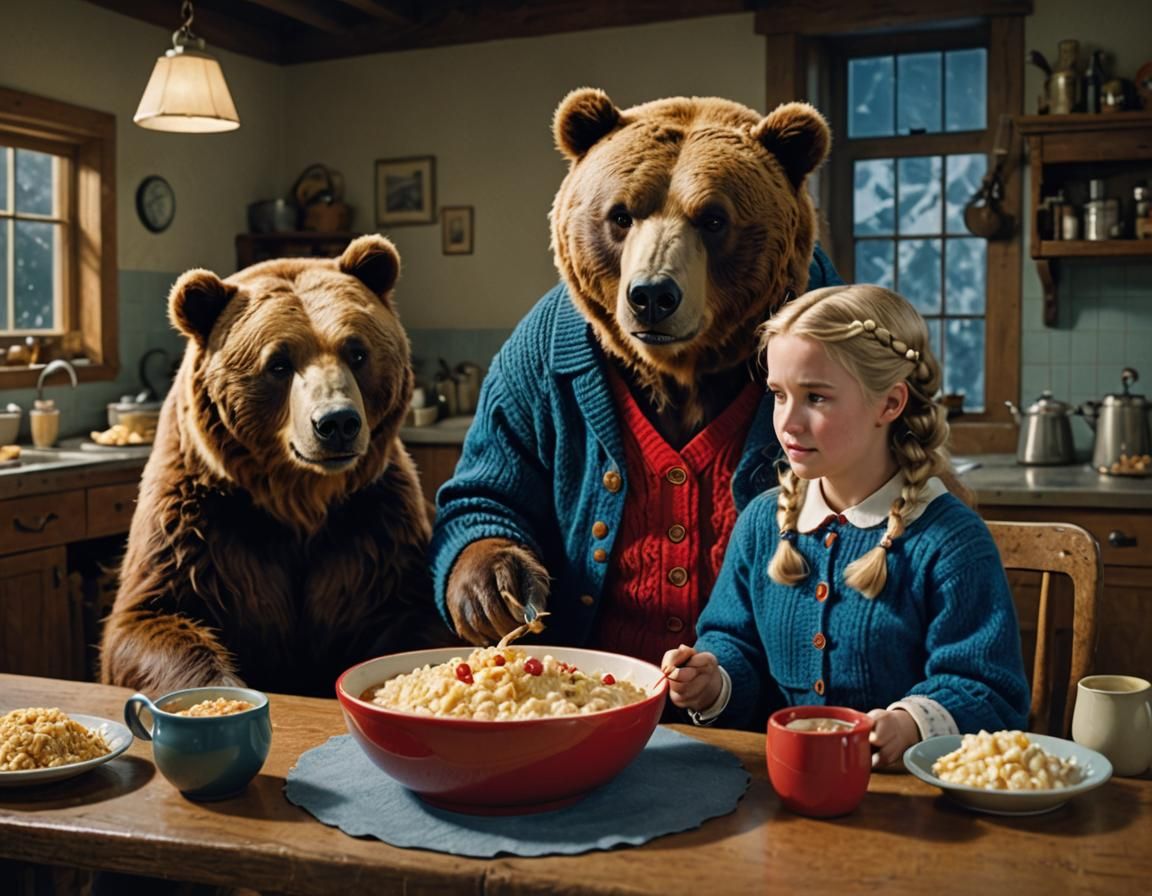 Bear and Goldilocks Share Porridge: Cinematic Film Still