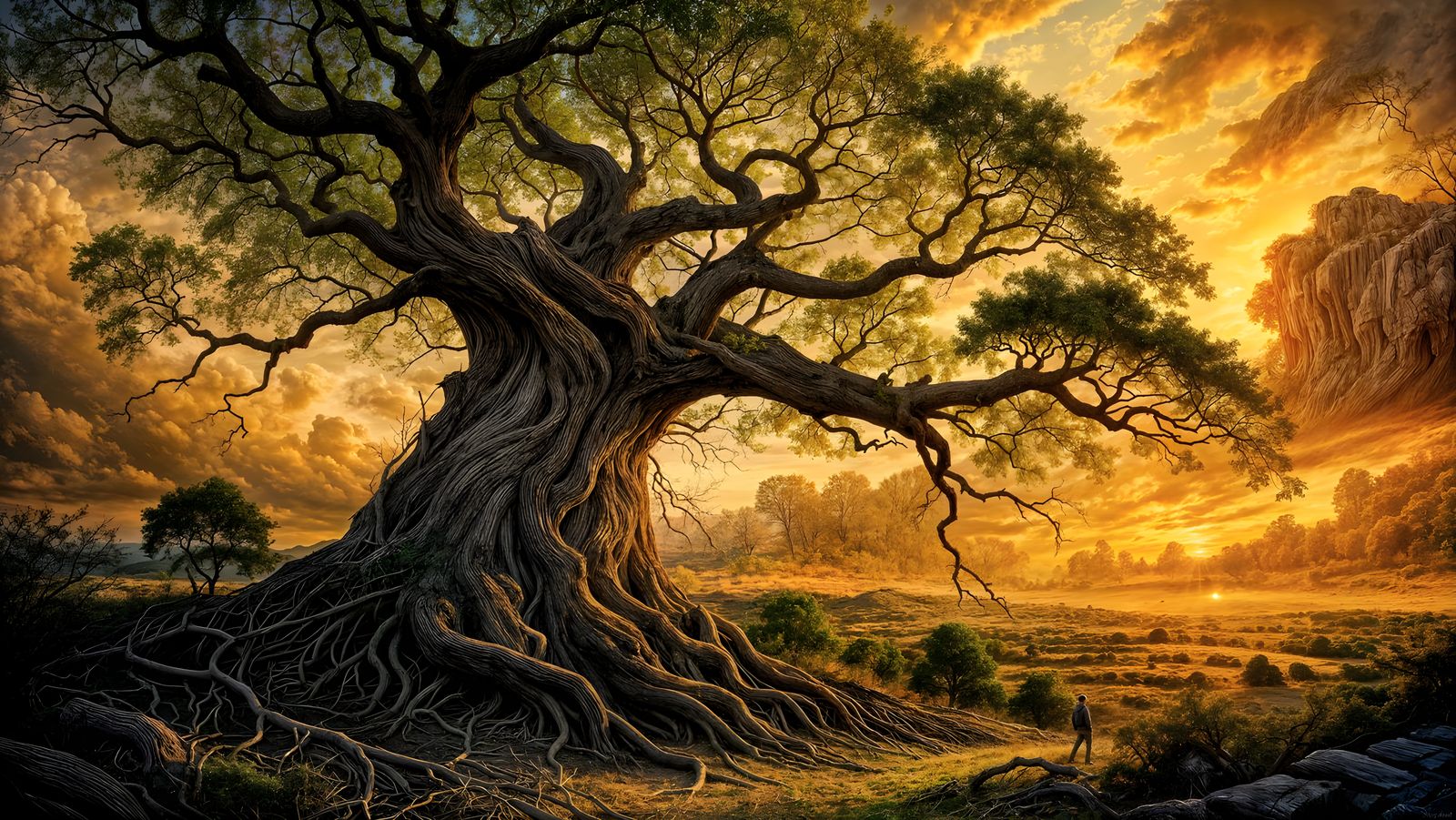 Majestic Ancient Tree at Sunset in Romantic Style