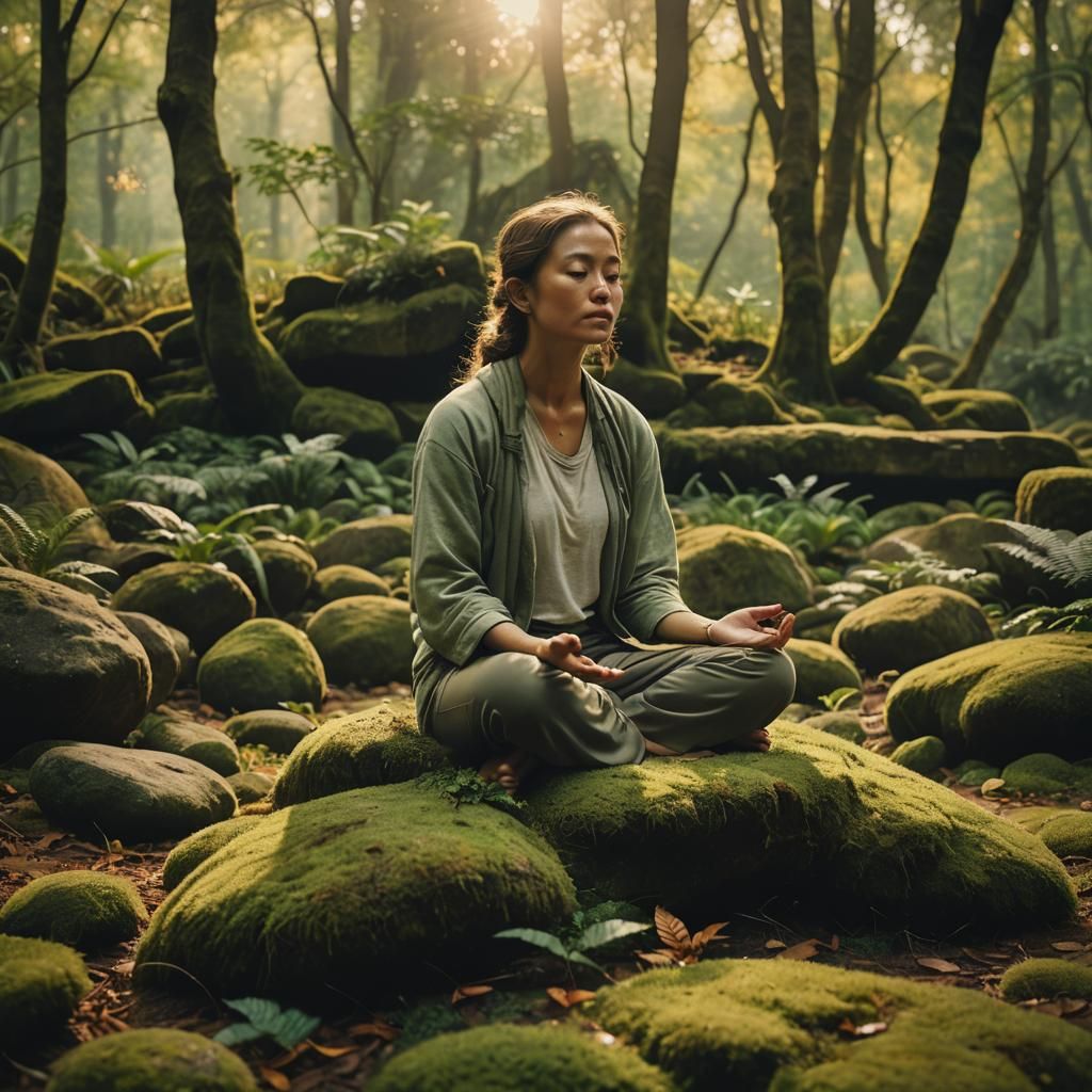 Serene Woman Meditating in Lush Greenery