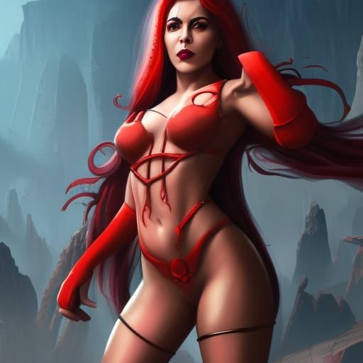 Fantasy Female Villainess in Red Boots, Detailed Matte Paint...