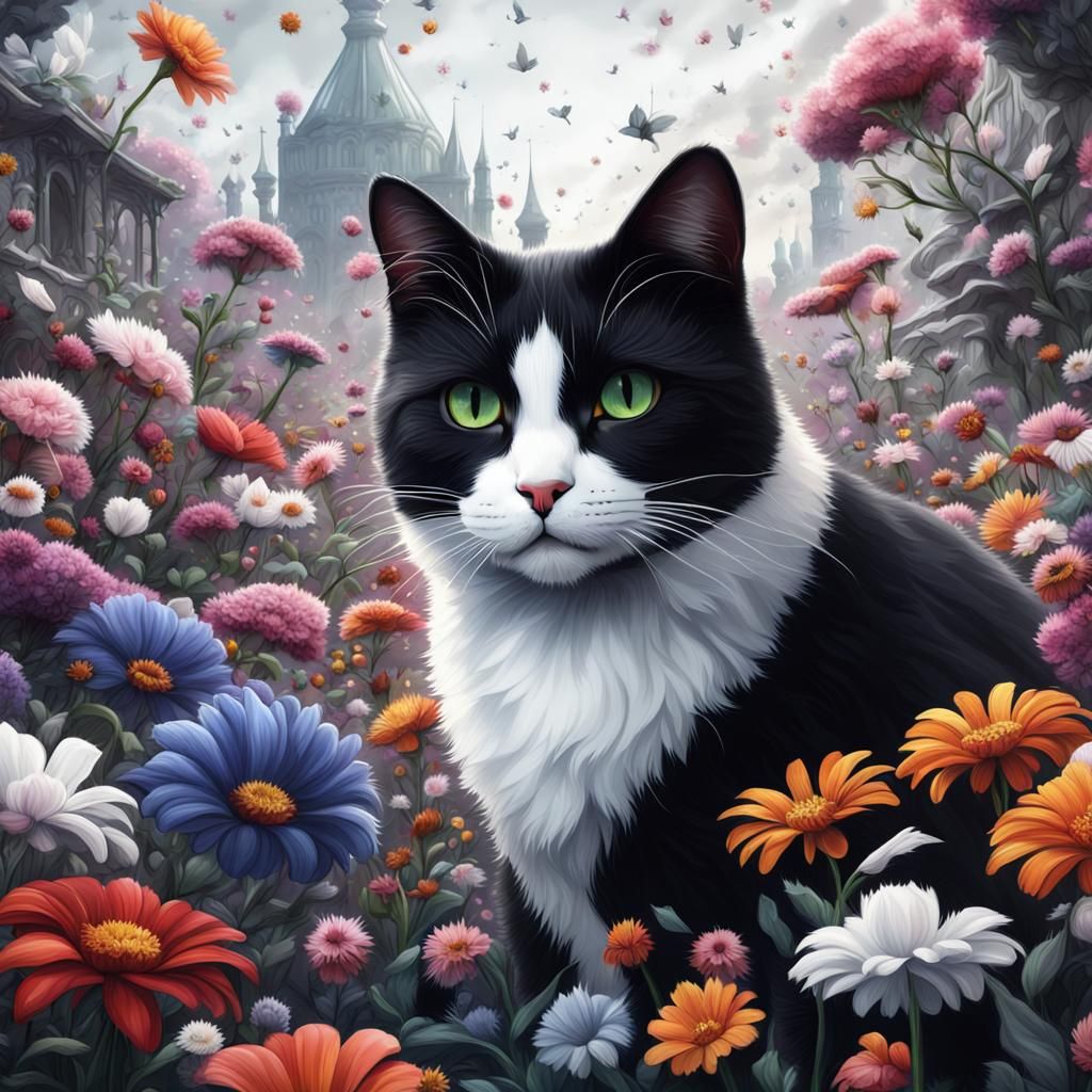 Black and White Cat in Fantastical Floral Art