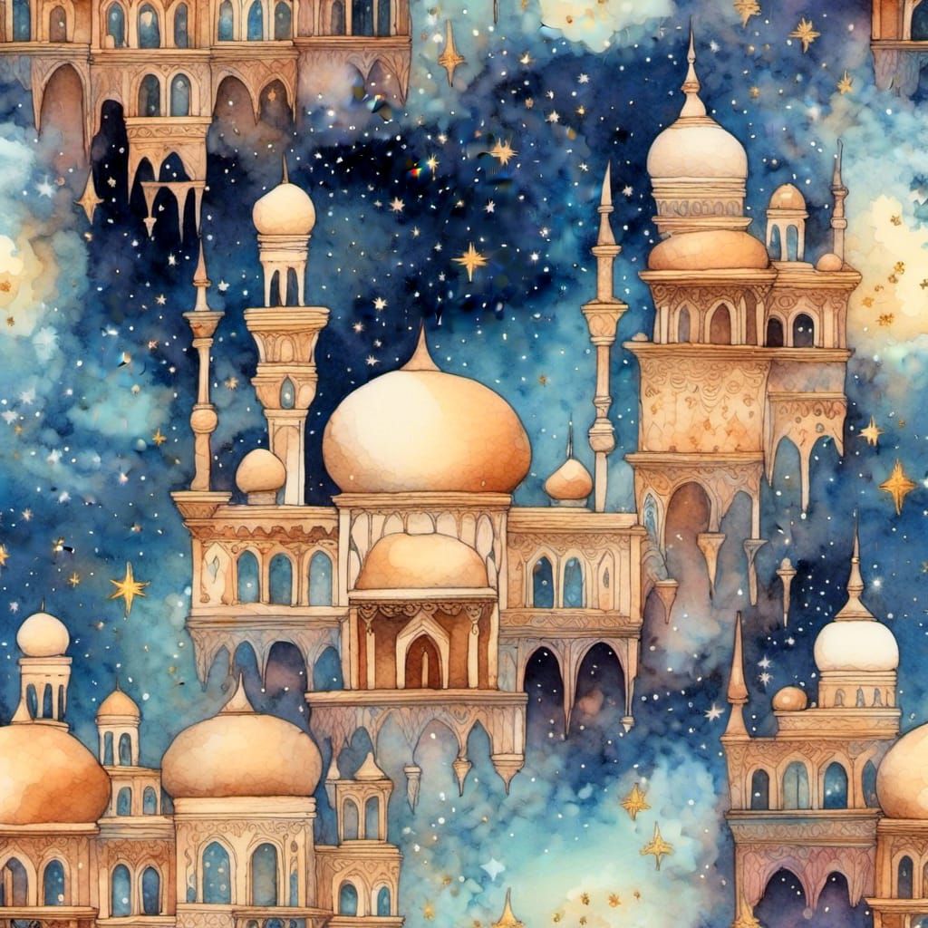 Whimsical Watercolor of Arabic Palace at Night