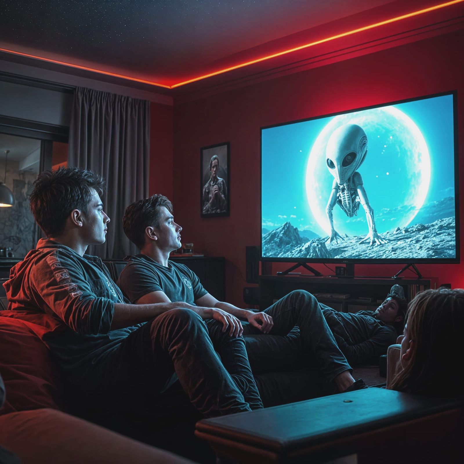 Men Watching Documentary About Alien Life