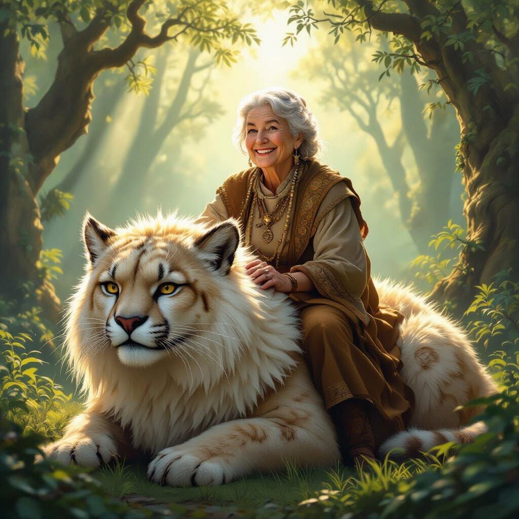Elderly Woman Rides Puma in Fantasy Forest