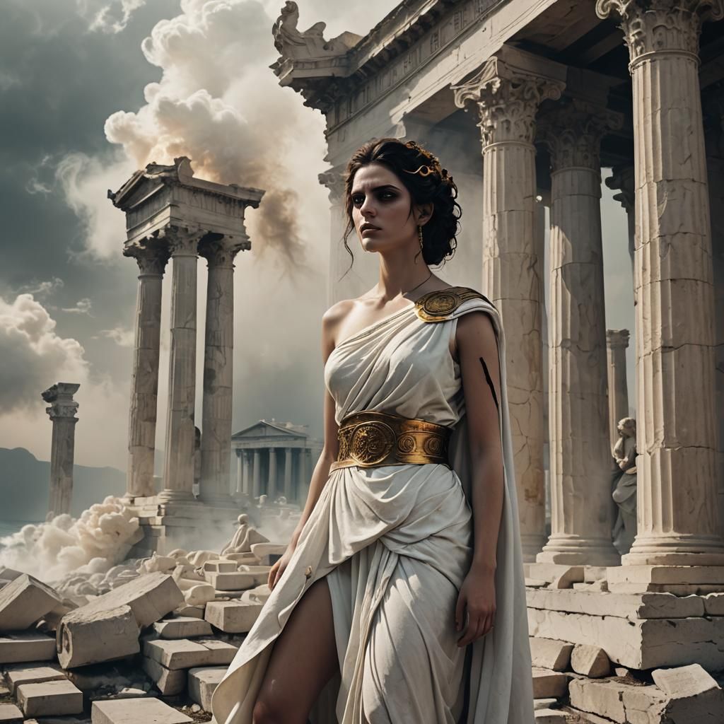 Gothic Model in Ancient Ruins with Amber Light