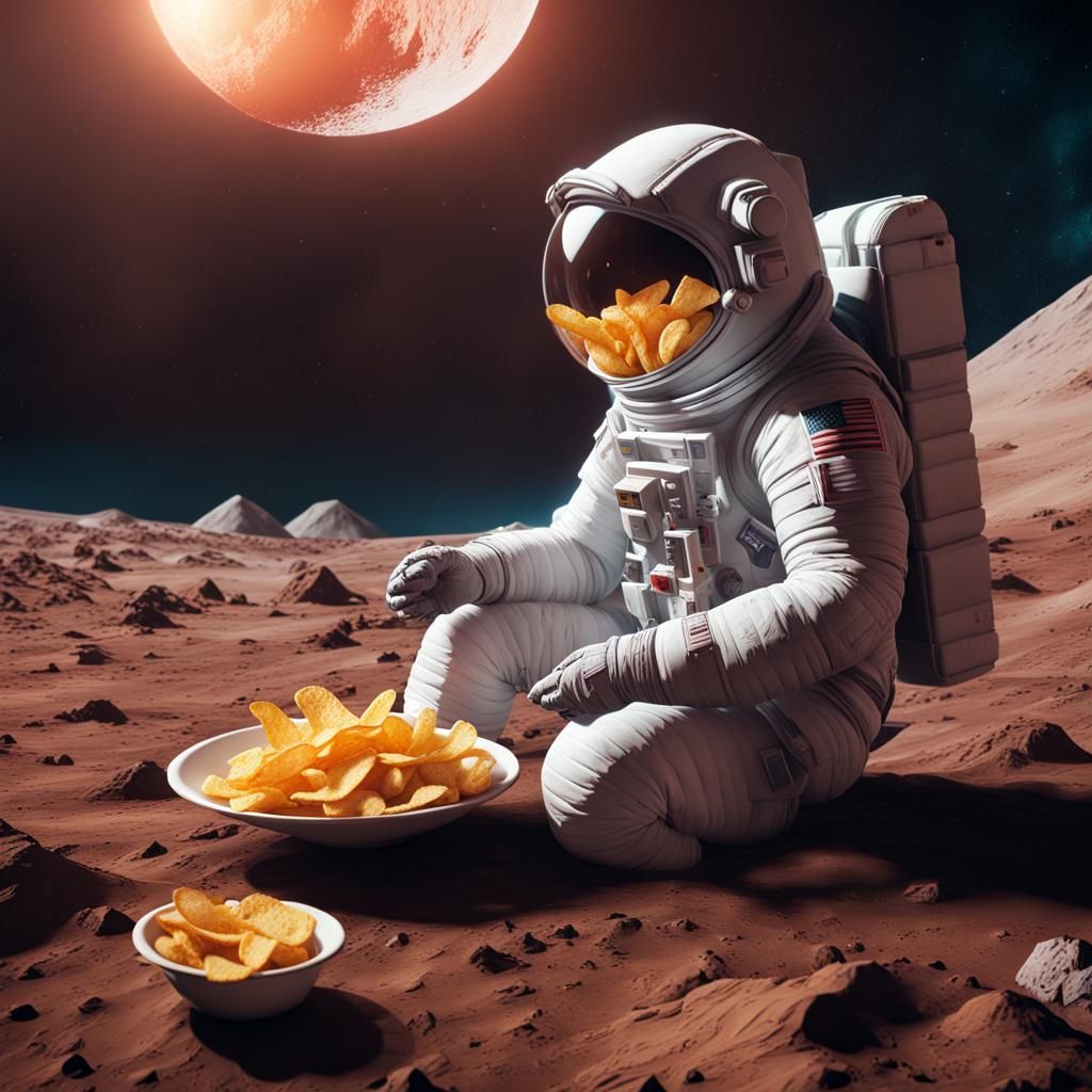 Astronaut Relaxes on Moon with Chips