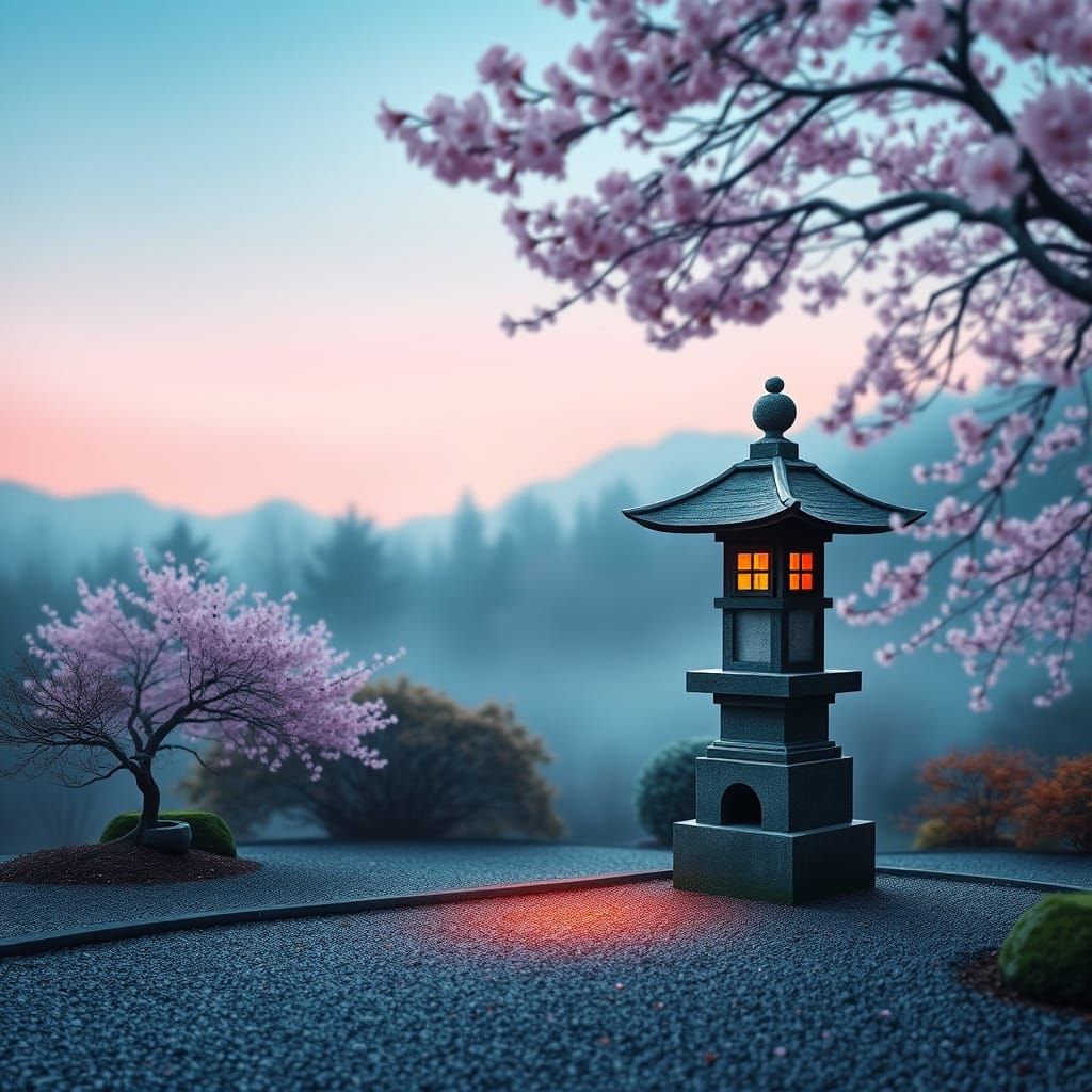 Japanese Tea Garden with Stone Lantern in Neo-Impressionism